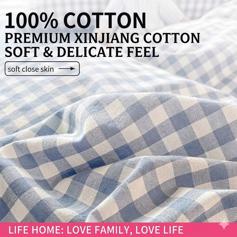 Classic Blue Gingham 100% Washed Cotton Set: Breathable, Reversible, & Effortlessly Chic