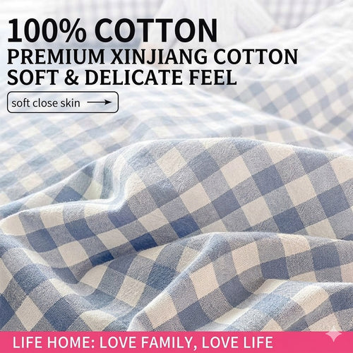 Classic Blue Gingham 100% Washed Cotton Set: Breathable, Reversible, & Effortlessly Chic