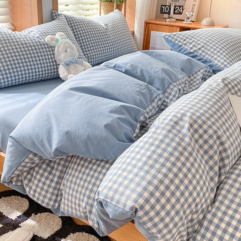 Classic Blue Gingham 100% Washed Cotton Set: Breathable, Reversible, & Effortlessly Chic