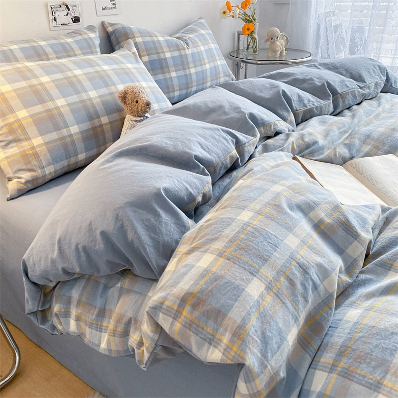 Classic Blue Gingham 100% Washed Cotton Set: Breathable, Reversible, & Effortlessly Chic