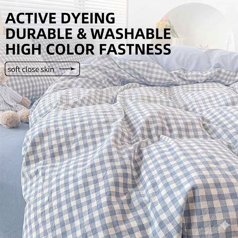 Classic Blue Gingham 100% Washed Cotton Set: Breathable, Reversible, & Effortlessly Chic