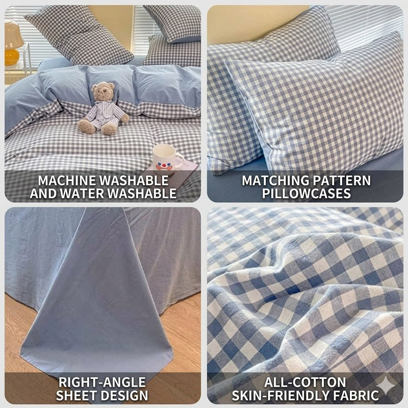 Classic Blue Gingham 100% Washed Cotton Set: Breathable, Reversible, & Effortlessly Chic