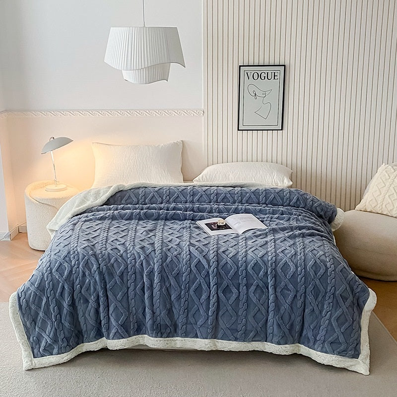 Dual-Sided Fleece & Sherpa Comforter. High-Gram Weight for Superior Warmth Without the Weight. Anti-Static, Non-Shedding, and Chic 3D Woven Design