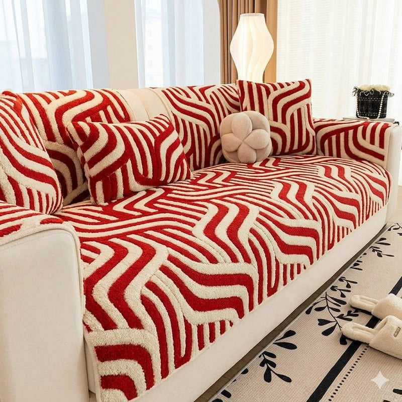 Retro Wavy Tufted Sofa Cover: Premium High-Weight Fleece for a Cozy & Chic Living Room Aesthetic