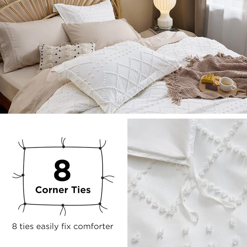 3-Piece Shabby Chic Boho Bedding Set - Tufted Embroidery Design, Modern Farmhouse Style Textured Comforter Cover