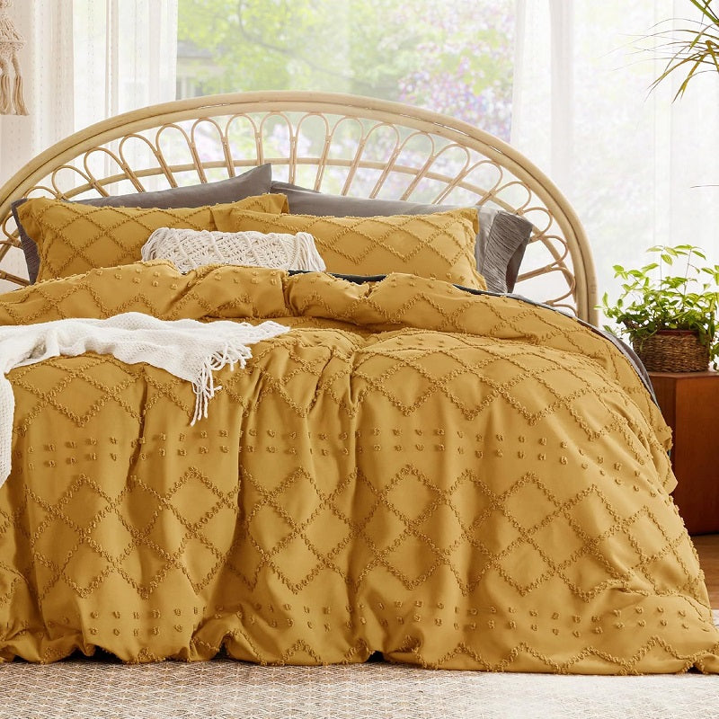 3-Piece Shabby Chic Boho Bedding Set - Tufted Embroidery Design, Modern Farmhouse Style Textured Comforter Cover