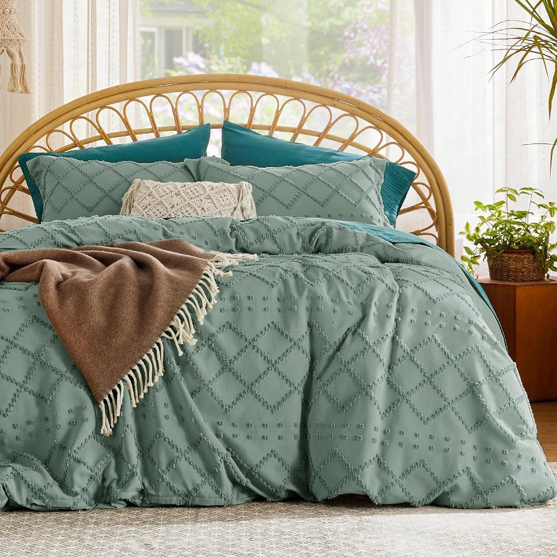 3-Piece Shabby Chic Boho Bedding Set - Tufted Embroidery Design, Modern Farmhouse Style Textured Comforter Cover