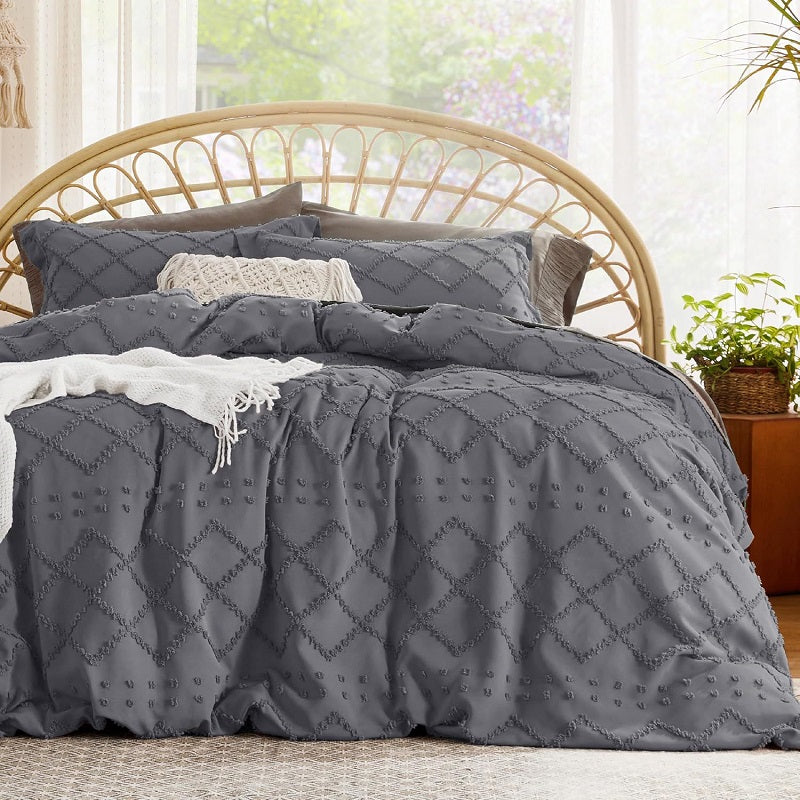 3-Piece Shabby Chic Boho Bedding Set - Tufted Embroidery Design, Modern Farmhouse Style Textured Comforter Cover