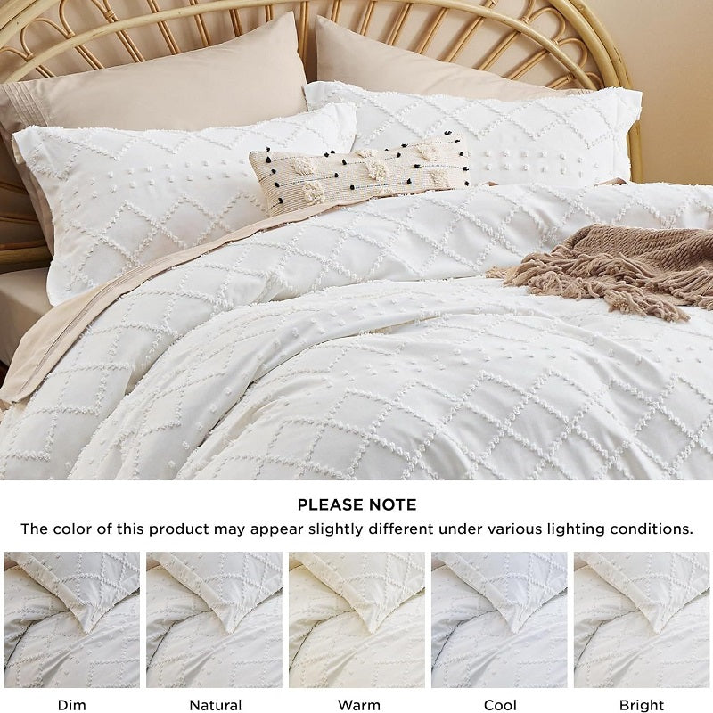 3-Piece Shabby Chic Boho Bedding Set - Tufted Embroidery Design, Modern Farmhouse Style Textured Comforter Cover