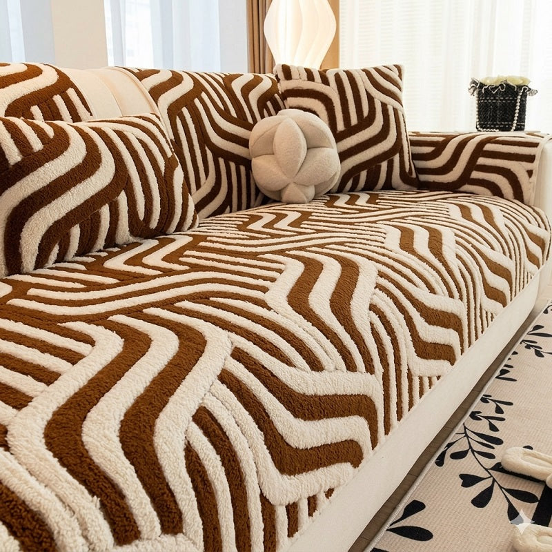 Retro Wavy Tufted Sofa Cover: Premium High-Weight Fleece for a Cozy & Chic Living Room Aesthetic