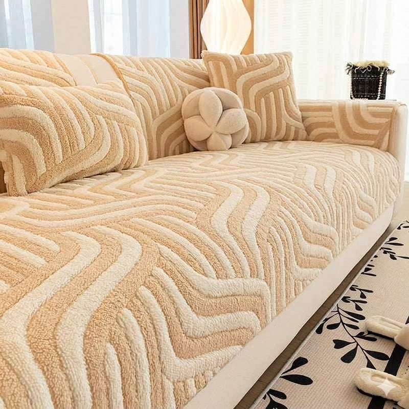 Retro Wavy Tufted Sofa Cover: Premium High-Weight Fleece for a Cozy & Chic Living Room Aesthetic