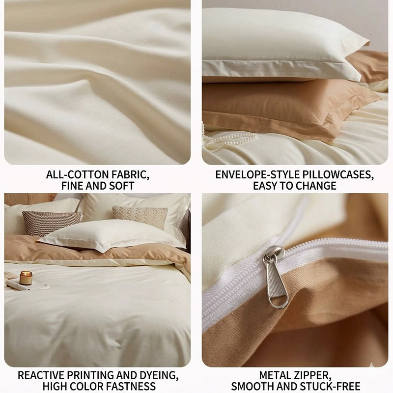 Premium 100% Cotton Reversible Duvet Cover Set: Creamy White & Tan AB-Side Design, Reactive Dyed for Lasting Color